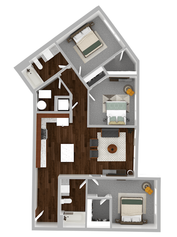 A 3D rendered image of a house layout with a kitchen, living room, and two bedrooms.