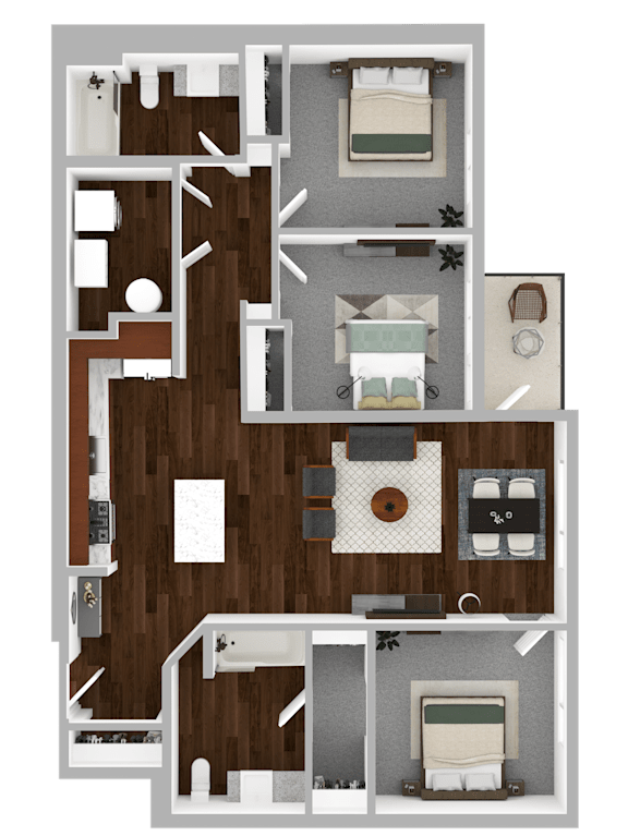 A detailed 3D floor plan of a house layout.