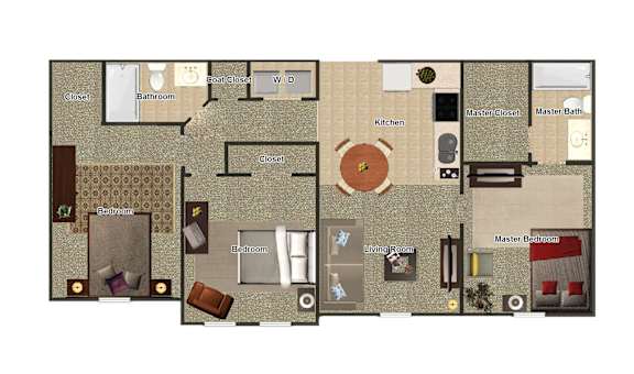 A floor plan of a house with a kitchen, living room, and two bedrooms.