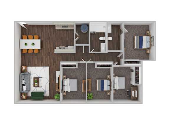A top-down view of a small apartment layout with a kitchen, living room, and bedroom.