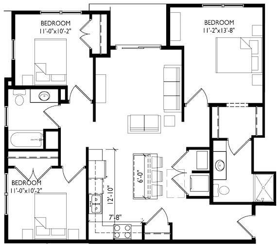 A black and white image of a floor plan for a house with three bedrooms.
