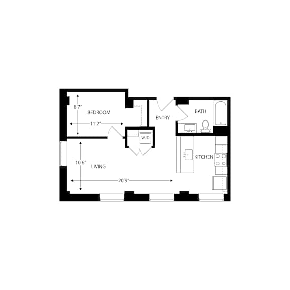 A floor plan of a small apartment with a living room, bedroom, bathroom, and kitchen.
