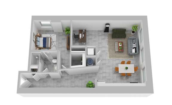 A 3D floor plan of a small apartment with a kitchen, living room, and bathroom.