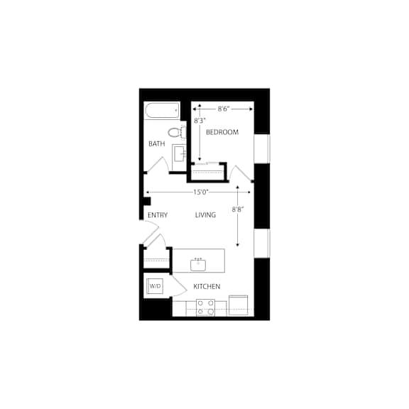 A floor plan of a small apartment with a bedroom, living room, kitchen, and bathroom.