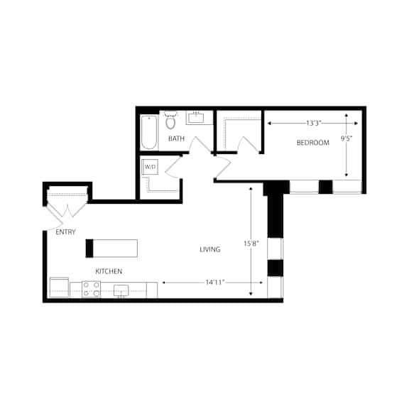 A floor plan of a small apartment with a kitchen, living room, and bedroom.