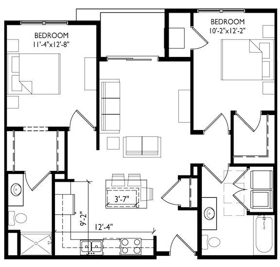 A black and white image of a floor plan for a house with two bedrooms.