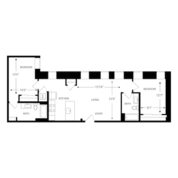 A floor plan of a house with a living room, two bedrooms, a bathroom, a kitchen, and an entry.