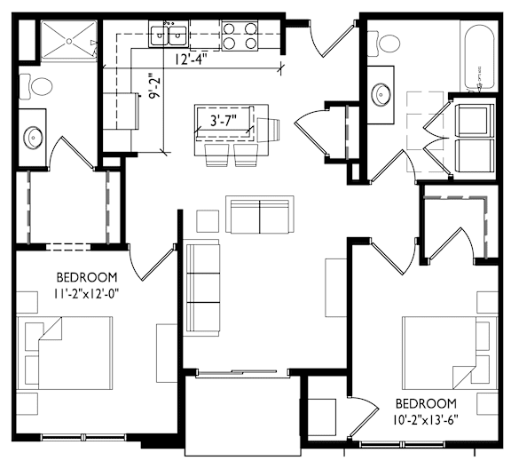 A black and white image of a floor plan for a house with two bedrooms.
