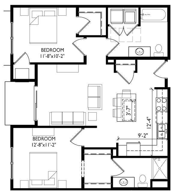 A black and white image of a floor plan for a two bedroom apartment.