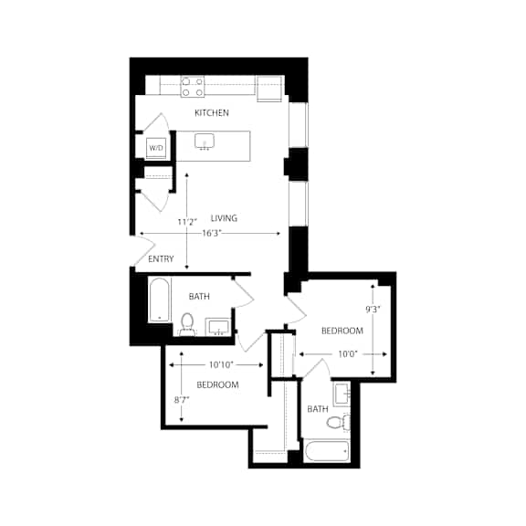 A floor plan of a home with a kitchen, living room, and two bedrooms.