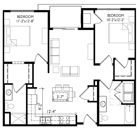 A black and white image of a floor plan for a house with two bedrooms.