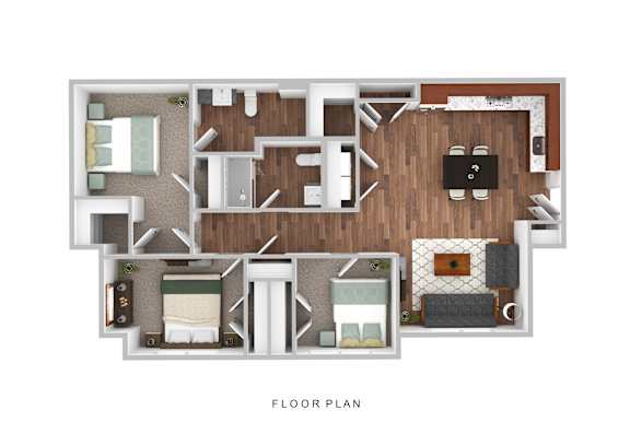 A floor plan of a house with a living room, kitchen, and two bedrooms.