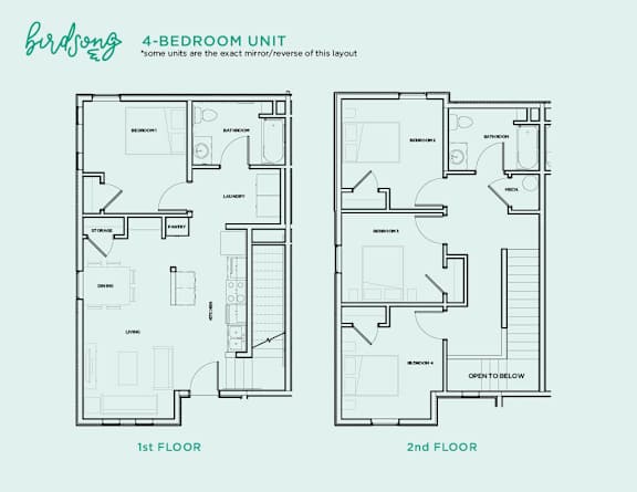 A floor plan of a 4-bedroom apartment with two different layouts for the first and second floors.