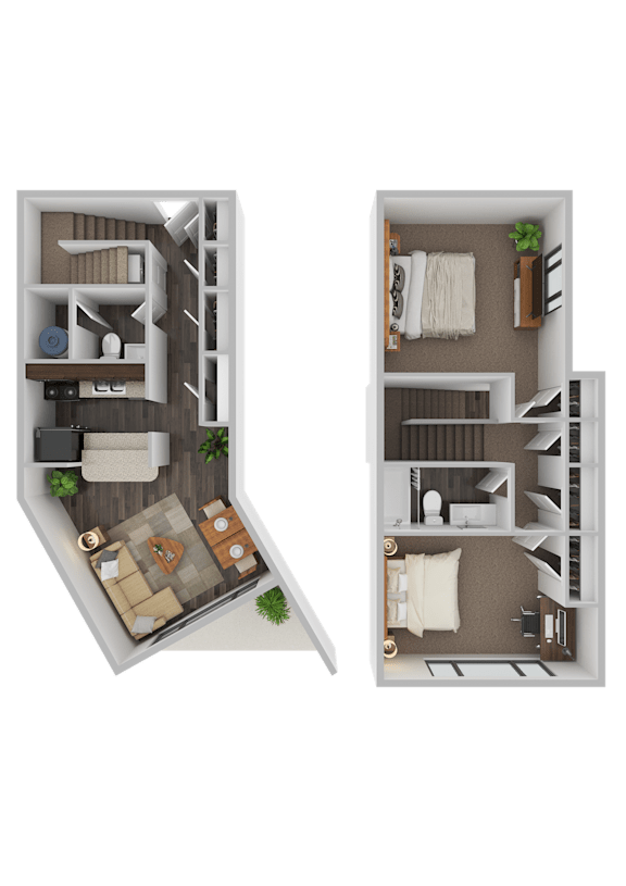 Two floor plans of a house with a living room, kitchen, and bathroom.