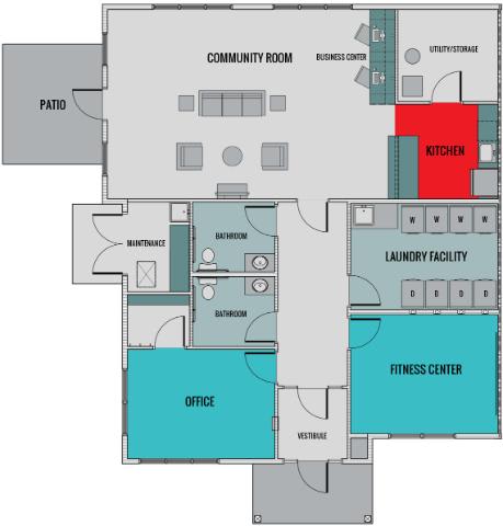 A floor plan of a house with a kitchen, laundry facility, fitness center, and office.