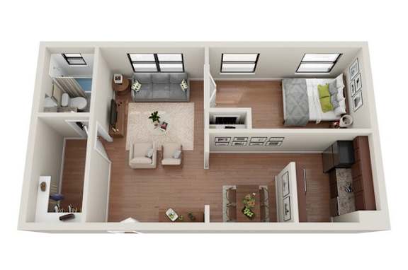 Floor Plan  A top-down view of a small apartment with a kitchen, living room, and bedroom.