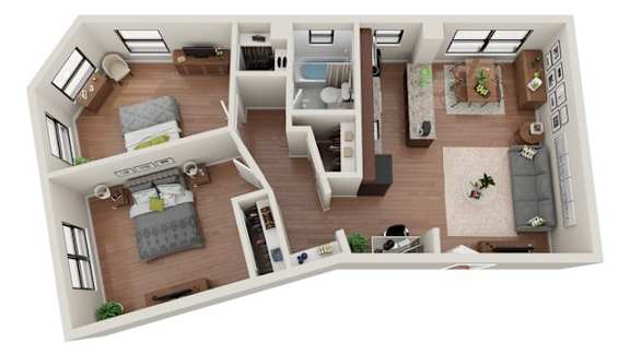 A top-down view of a small apartment with a bedroom, living room, kitchen, and bathroom.