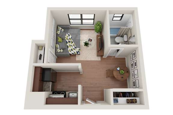 A top-down view of a small, neatly organized apartment with a bed, desk, and kitchenette.