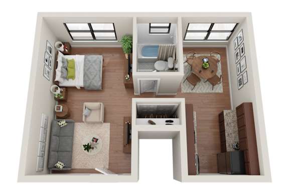 A top-down view of a small apartment with a living room, kitchen, and bedroom.