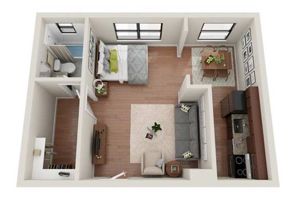 Floor Plan  A top-down view of a small apartment with a living room, kitchen, and bedroom.