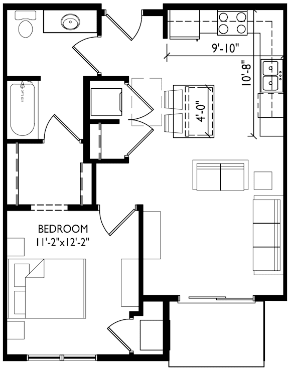 A black and white image of a floor plan for a small apartment.