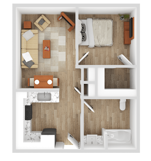 A top-down view of a living room with a couch, coffee table, and a television.