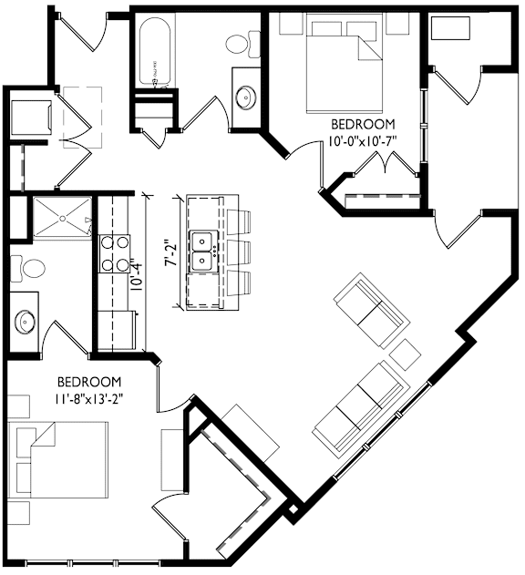 A black and white image of a floor plan for a home with two bedrooms.