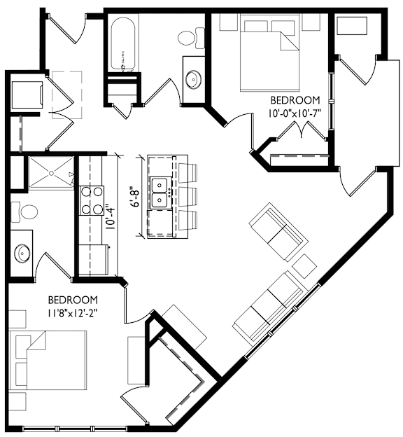 A black and white image of a floor plan for a house with two bedrooms.