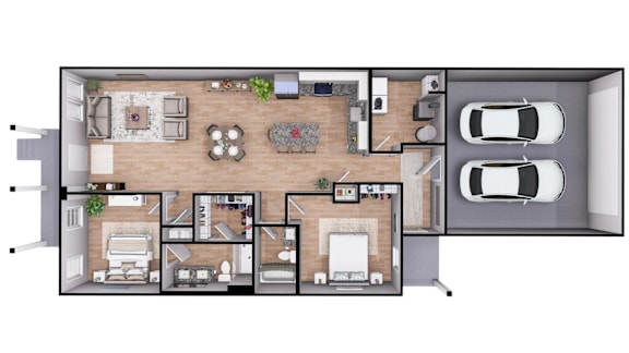 A floor plan of a house with a living room, dining room, kitchen, and two bedrooms.