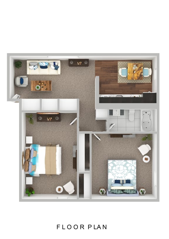a stylized floor plan with bedrooms and a living room