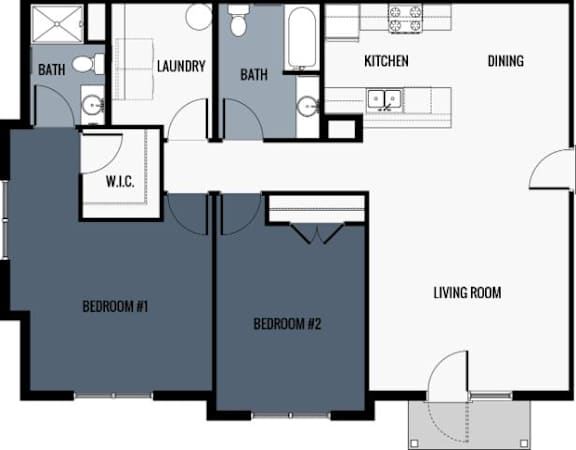 A floor plan of a house with two bedrooms, a living room, a kitchen, a dining area, a laundry room, and a bathroom.