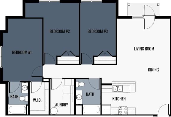 A floor plan of a house with three bedrooms, a laundry room, a kitchen, a dining room, and two bathrooms.