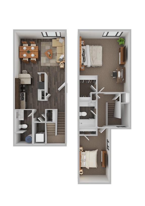 A floor plan of a two-bedroom apartment with a living room, kitchen, and bathroom.