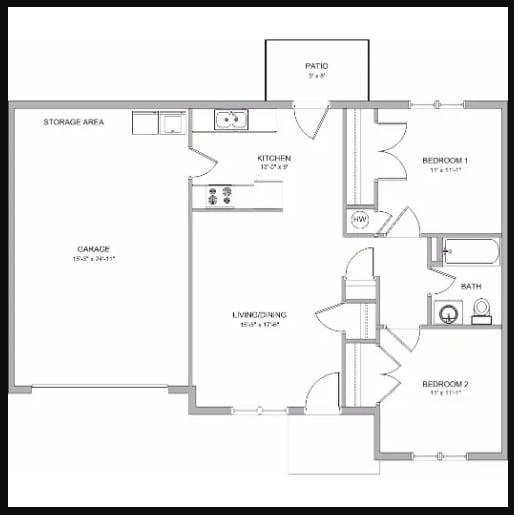 A floor plan of a house with a garage, two bedrooms, a living room, a kitchen, a bathroom, a storage area, and a patio.