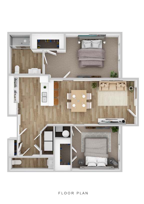 A floor plan of a small apartment with a kitchen, living room, and bedroom.
