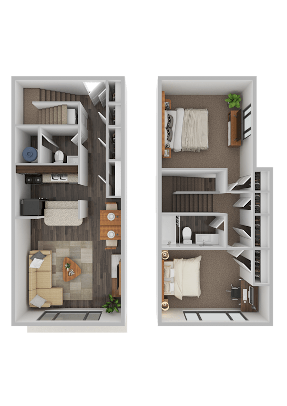 A floor plan of a two-bedroom apartment with a living room, kitchen, and bathroom.
