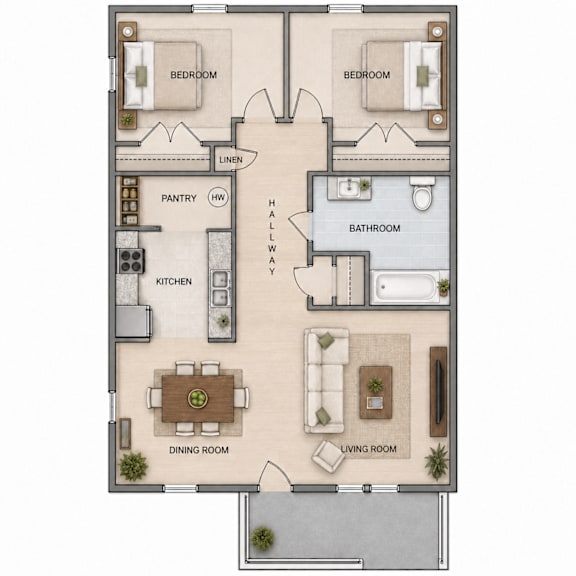 A floor plan of a house with two bedrooms, a pantry, a kitchen, a dining room, a bathroom, a hallway, and a living room.