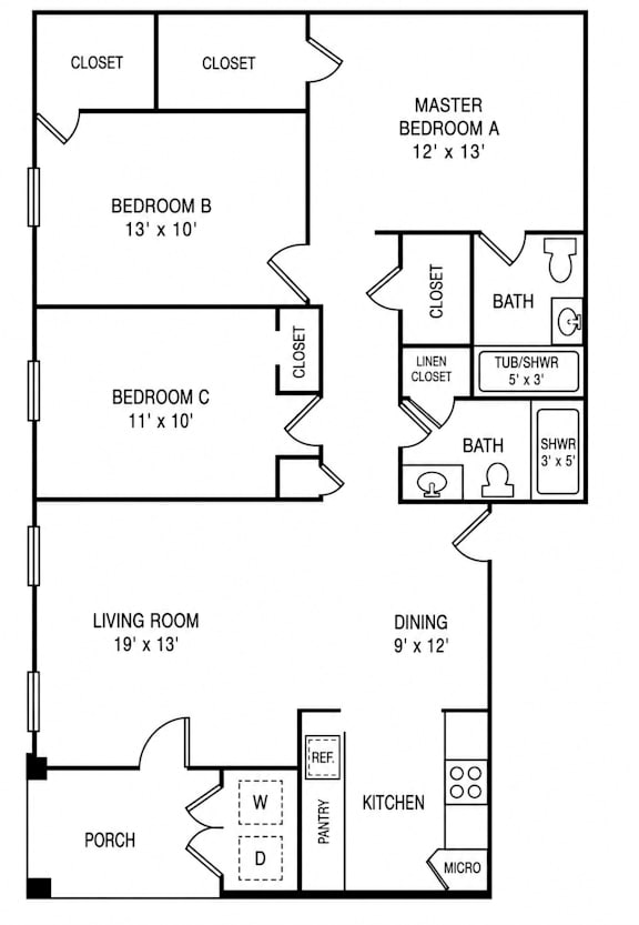 A black and white floor plan of a house with three bedrooms, a living room, a dining room, a kitchen, a porch, and a master bedroom.