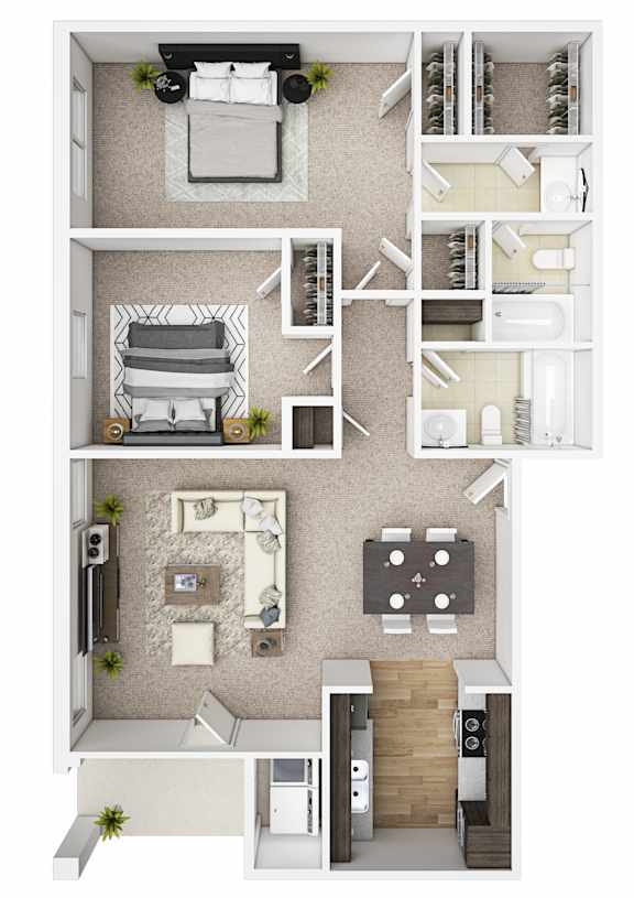A floor plan of a small apartment with a bedroom, living room, kitchen, and bathroom.