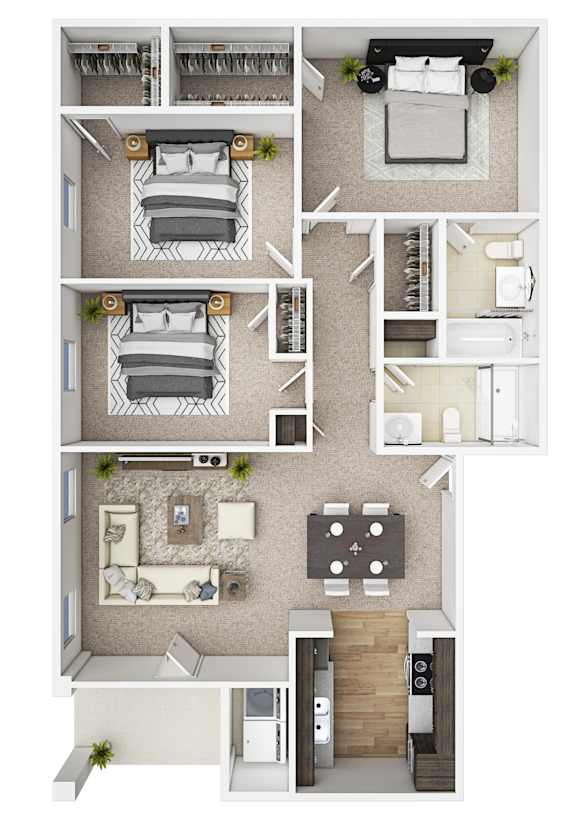 A series of images showing different layouts of a bedroom, kitchen, and living room.