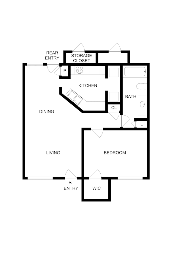 A floor plan of a house with a living room, dining room, kitchen, bedroom, bathroom, storage closet, and a rear entry closet.
