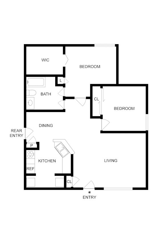 A floor plan of a house with two bedrooms, a living room, a kitchen, a dining room, a bathroom, and a rear entry.