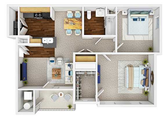 A floor plan of a small apartment with a kitchen, living room, and bedroom.