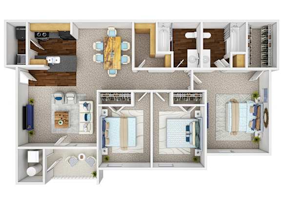 A floor plan of a house with a kitchen, living room, dining room, and bedrooms.