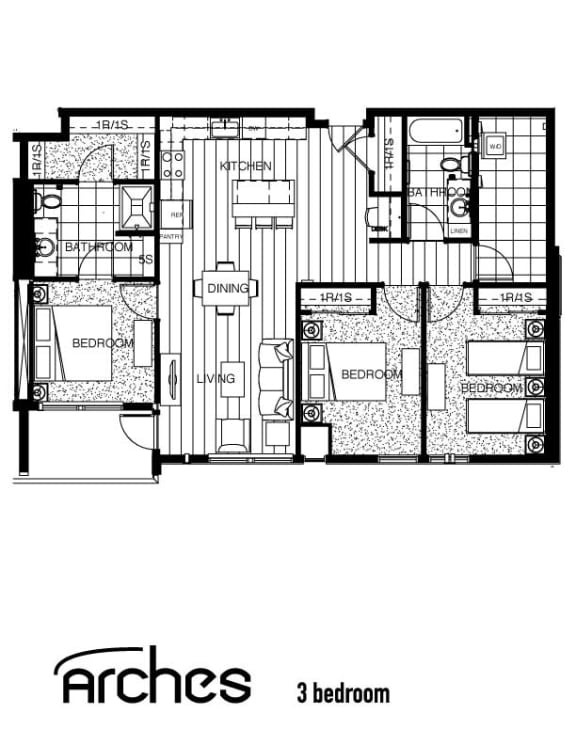the floor plan of arches 3 bedroom apartment