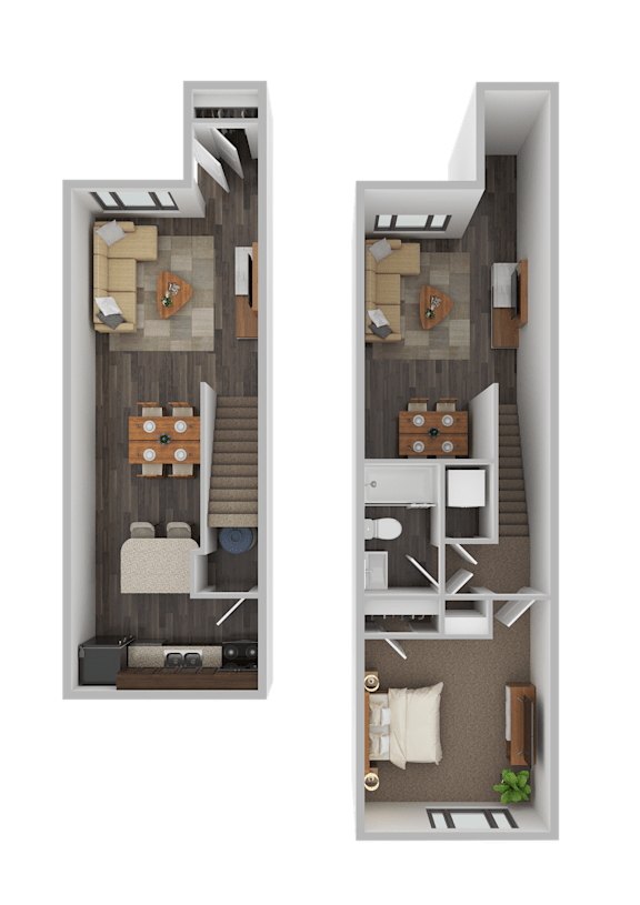 A floor plan of a two-story apartment with a living room, kitchen, and bedrooms.
