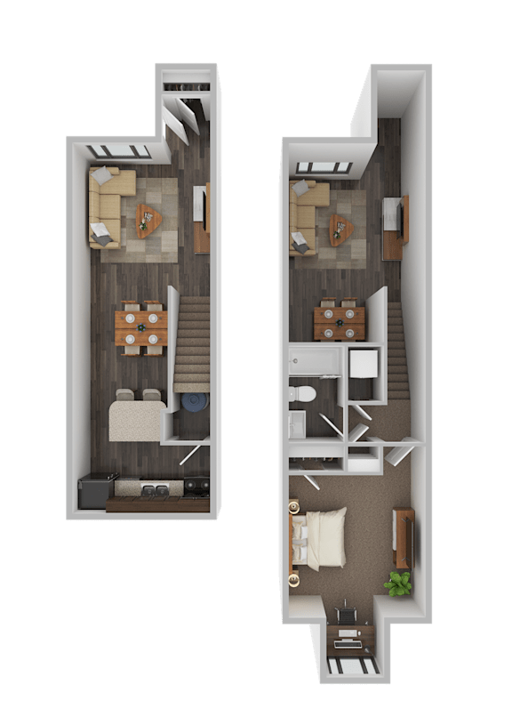 A floor plan of a two-story apartment with a living room, kitchen, and bedrooms.