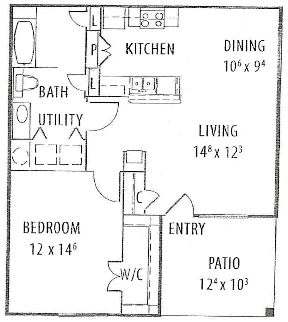 A floor plan of a house with labeled rooms such as kitchen, dining, and bedroom.