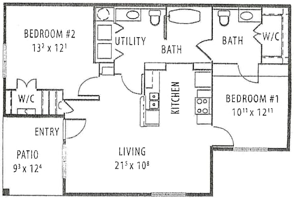 A floor plan of a home with a living area, two bedrooms, a patio, a kitchen, a utility room, and a bathroom.