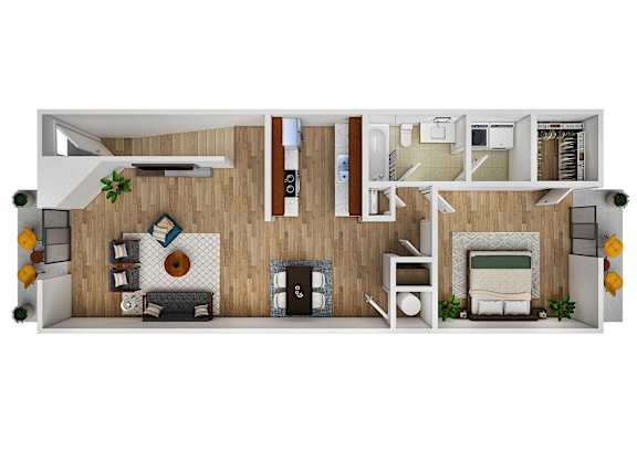 A 3D floor plan of a house with a living room, kitchen, and bedrooms.